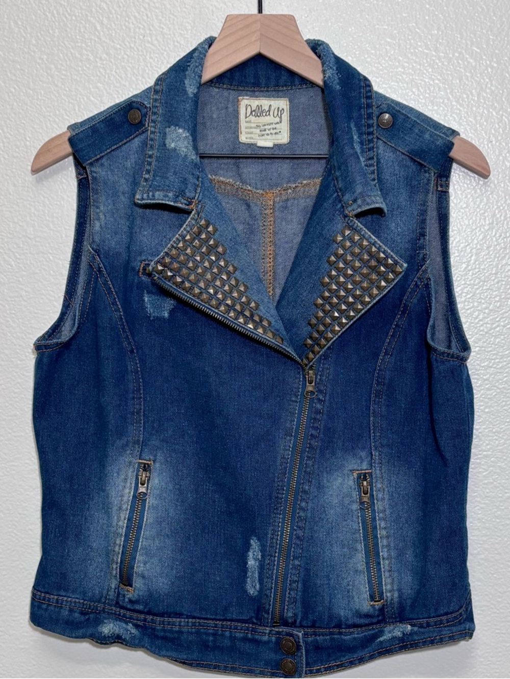 Dolled Up Studded Denim Moto Vest XL Distressed Biker Zip Punk Grunge